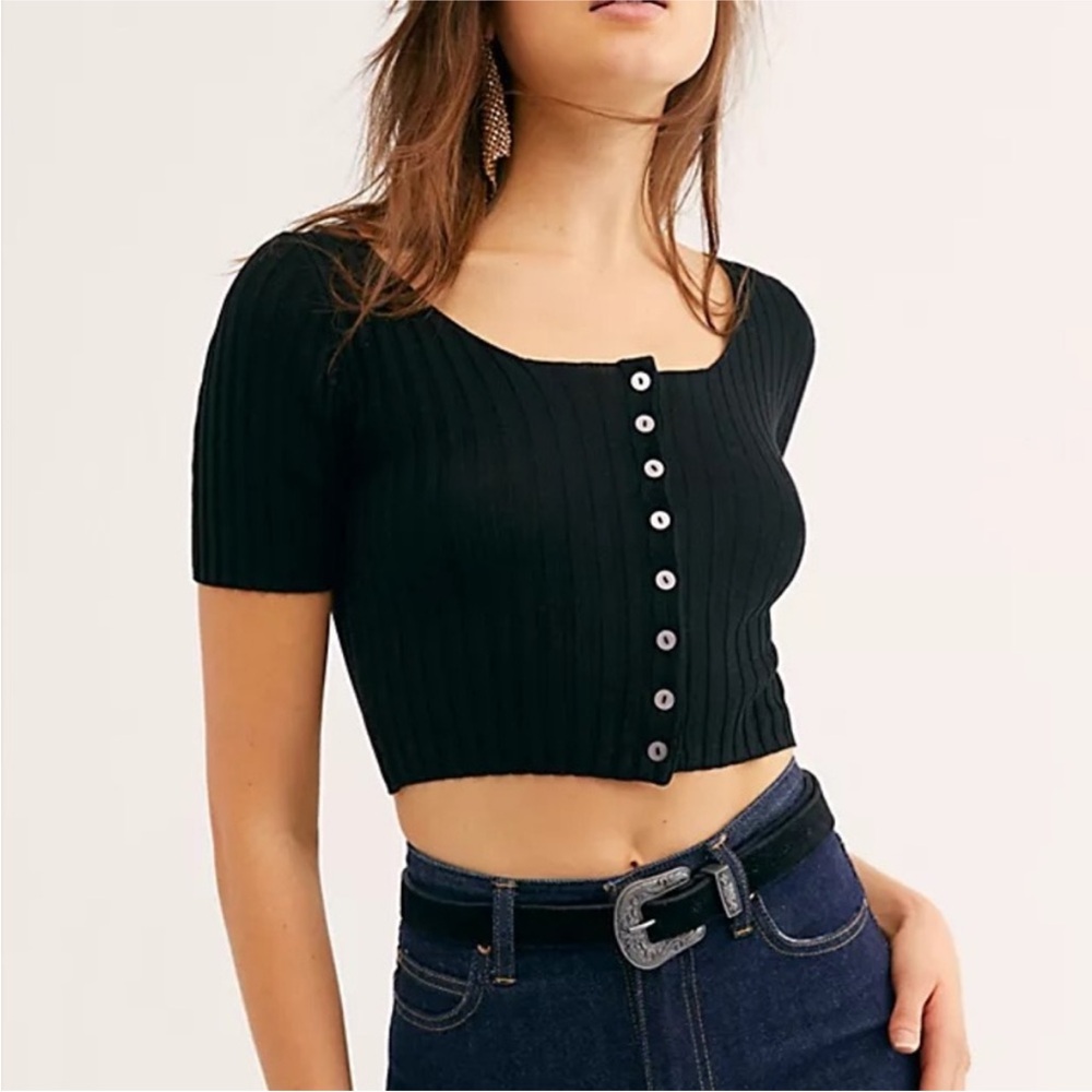 Free People Little Cutie Cardigan - Black Cropped Ribbed - Size Large